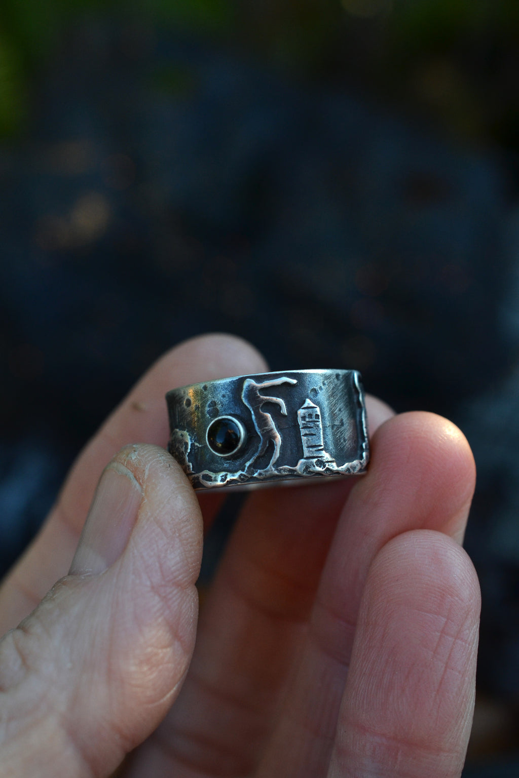 Walking Dead Zombie Graveyard Ring - Size 9.5 - Black Onyx and Gray Moonstone