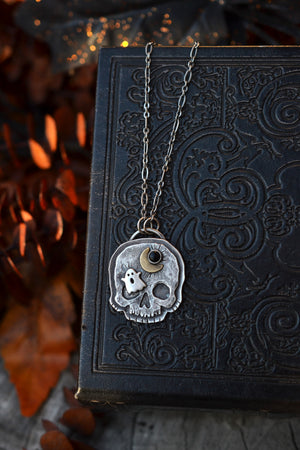 Halloween Skull Charm - Ghost and Moon - Black Onyx - 20" Chain Included