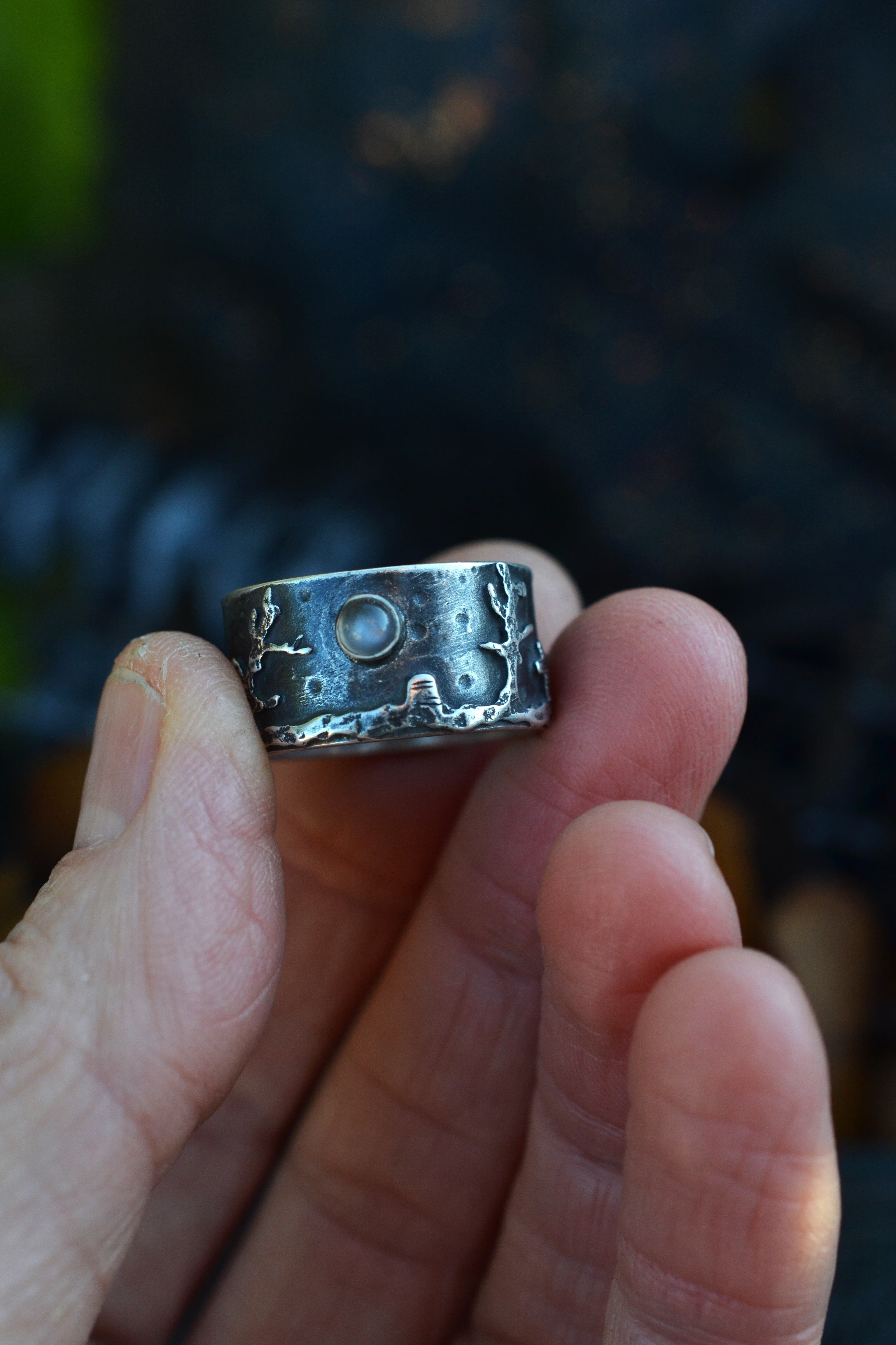 Walking Dead Zombie Graveyard Ring - Size 9.5 - Black Onyx and Gray Moonstone