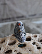 Skull Sea Kelp/Starfish Saddle Ring - Rainbow Moonstone and Carnelian - Will Fit like a Size 9.5