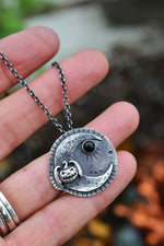 Hallows Eve Midnight Moon Necklace - Bat-O-Lantern/Black Onyx - 20" Chain