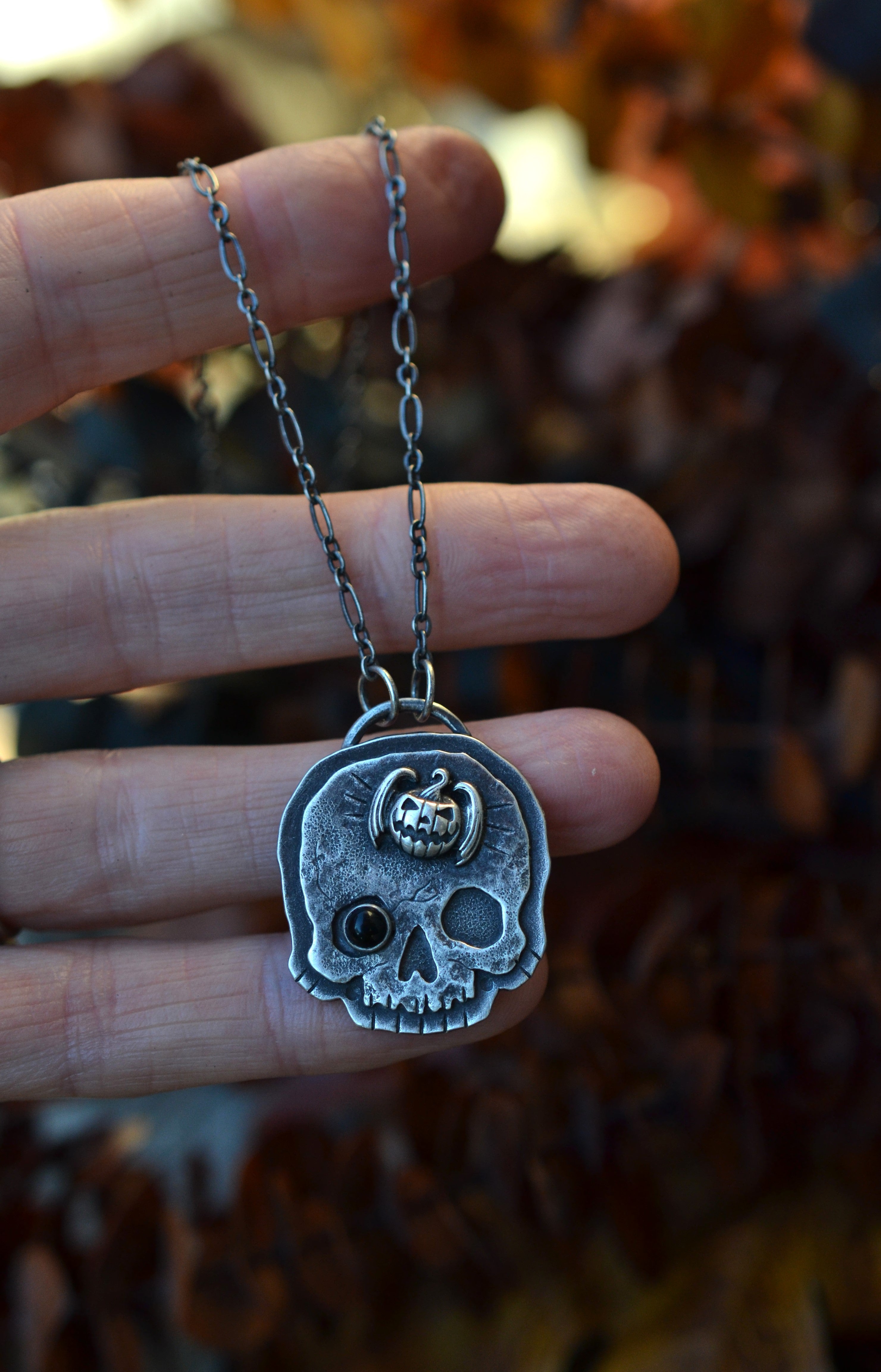 Halloween Skull Charm - Bat-o-Lantern - Black Onyx - 18" Chain Included