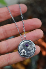 Hallows Eve Midnight Moon Necklace - Ghostie/Amethyst - 18" Chain