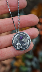 Hallows Eve Midnight Moon Necklace - Ghostie/Amethyst - 18" Chain