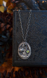 Haunted House Necklace - Bat-o-Lantern - Black Star Diopside and Peridot - 16" Chain