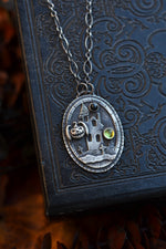 Haunted House Necklace - Bat-o-Lantern - Black Star Diopside and Peridot - 16" Chain