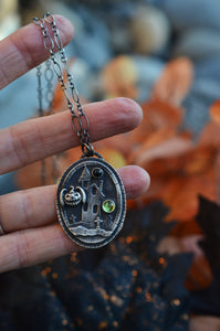 Haunted House Necklace - Bat-o-Lantern - Black Star Diopside and Peridot - 16" Chain