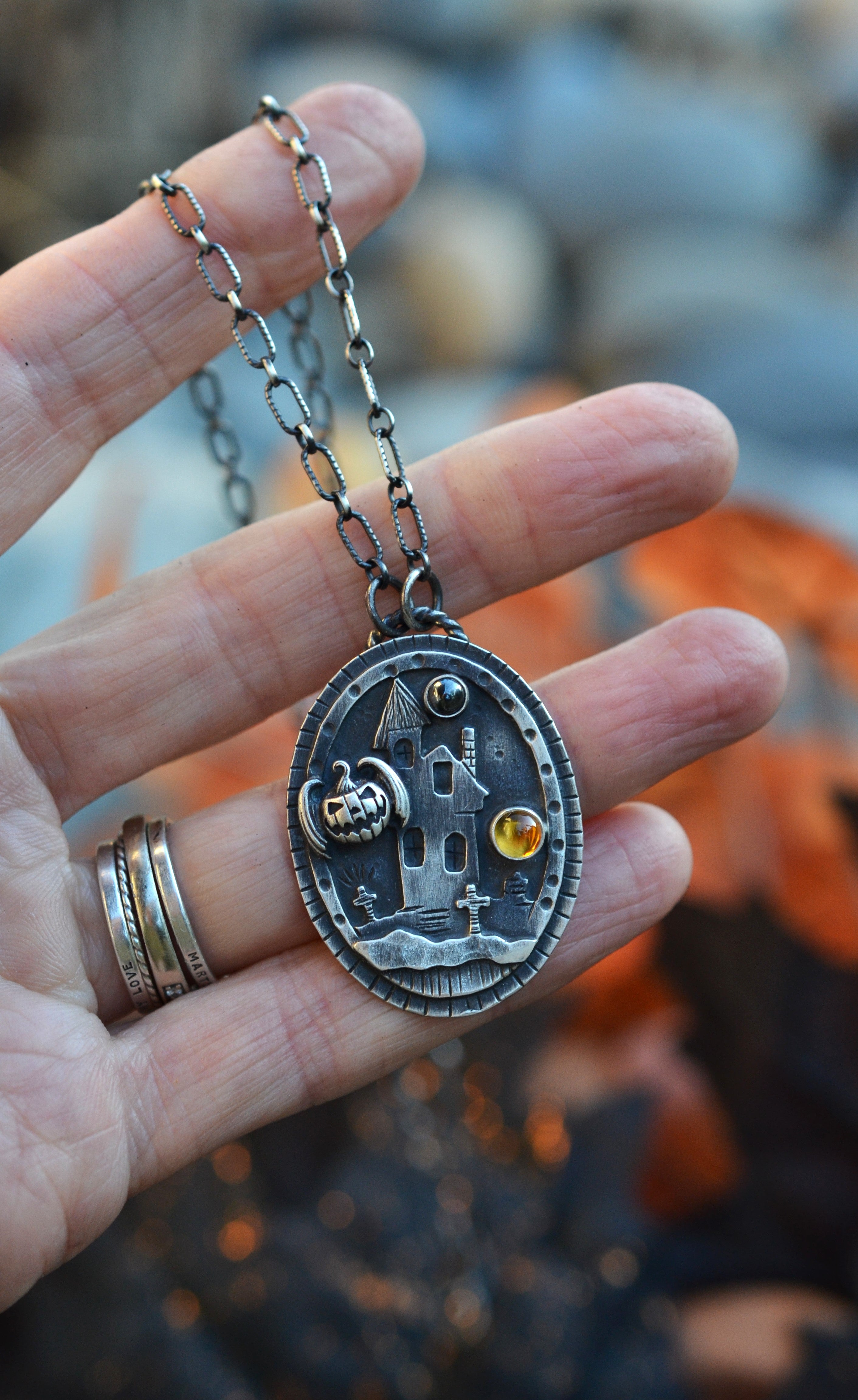 Haunted House Necklace - Bat-o-Lantern - Hematite and Citrine - 20" Chain