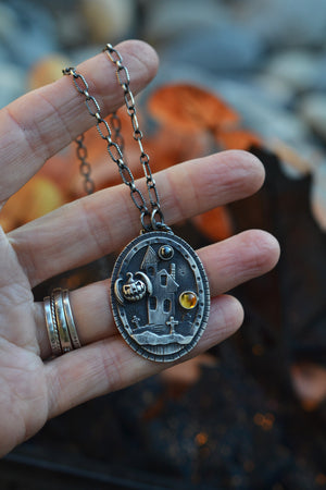 Haunted House Necklace - Bat-o-Lantern - Hematite and Citrine - 20" Chain