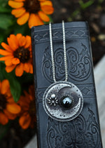 Hallows Eve Moon - Spider and Web Necklace - Hematite - 16" Chain Included