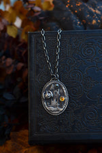 Haunted House Necklace - Bat-o-Lantern - Hematite and Citrine - 20" Chain