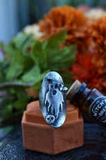 Ghastly Ghost Ring with Flying Bat and Skull  - Hematite  - Will Fit Like a Size 6.5