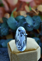 Ghastly Ghost Ring with Flying Bat and Skull  - Hematite  - Will Fit Like a Size 6.5