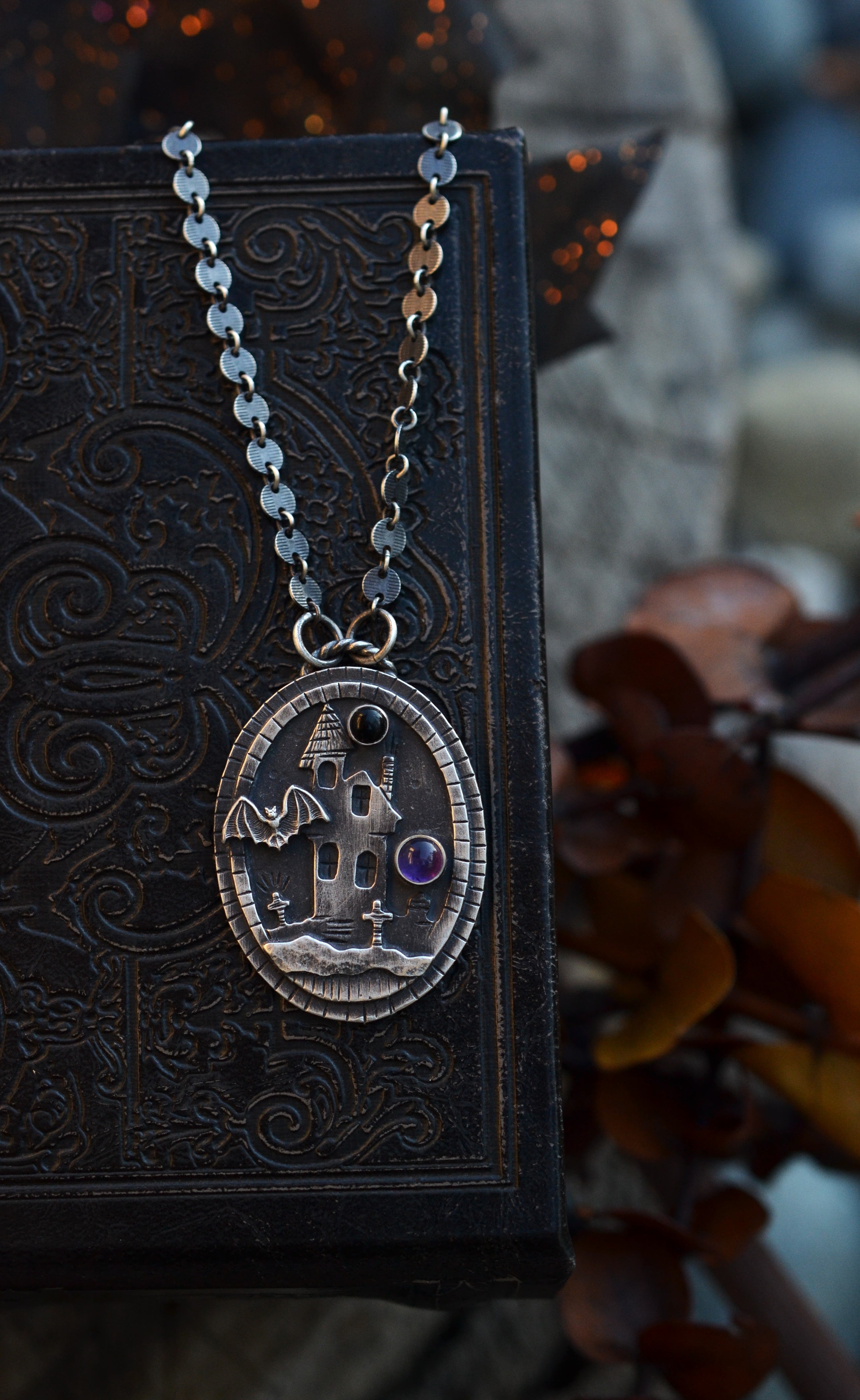 Haunted House Necklace - Bat - Black Onyx and Amethyst - 18" Chain