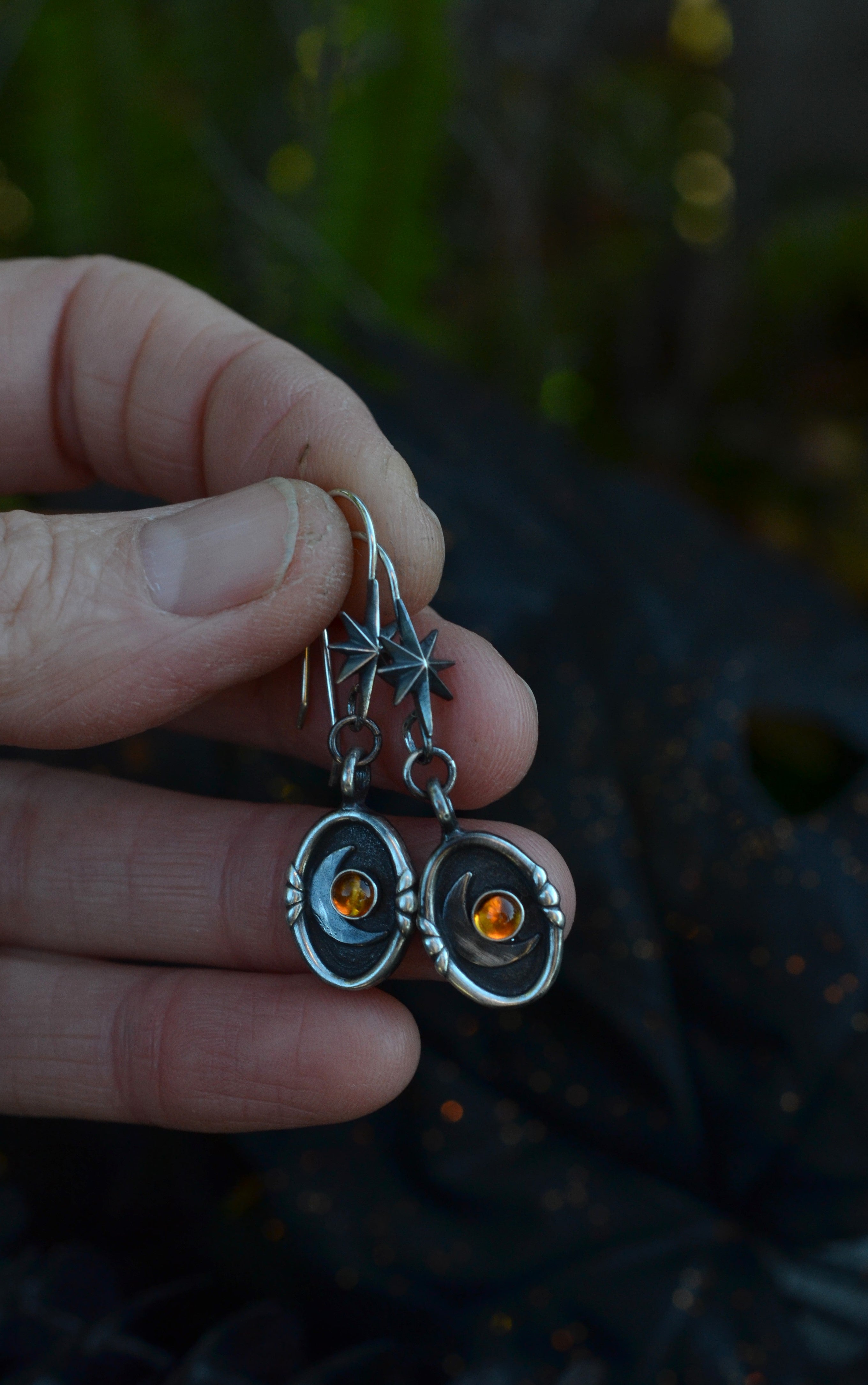 Crescent Moon Cosmos Earrings - Dangle Ear Wire Style - Citrine Only