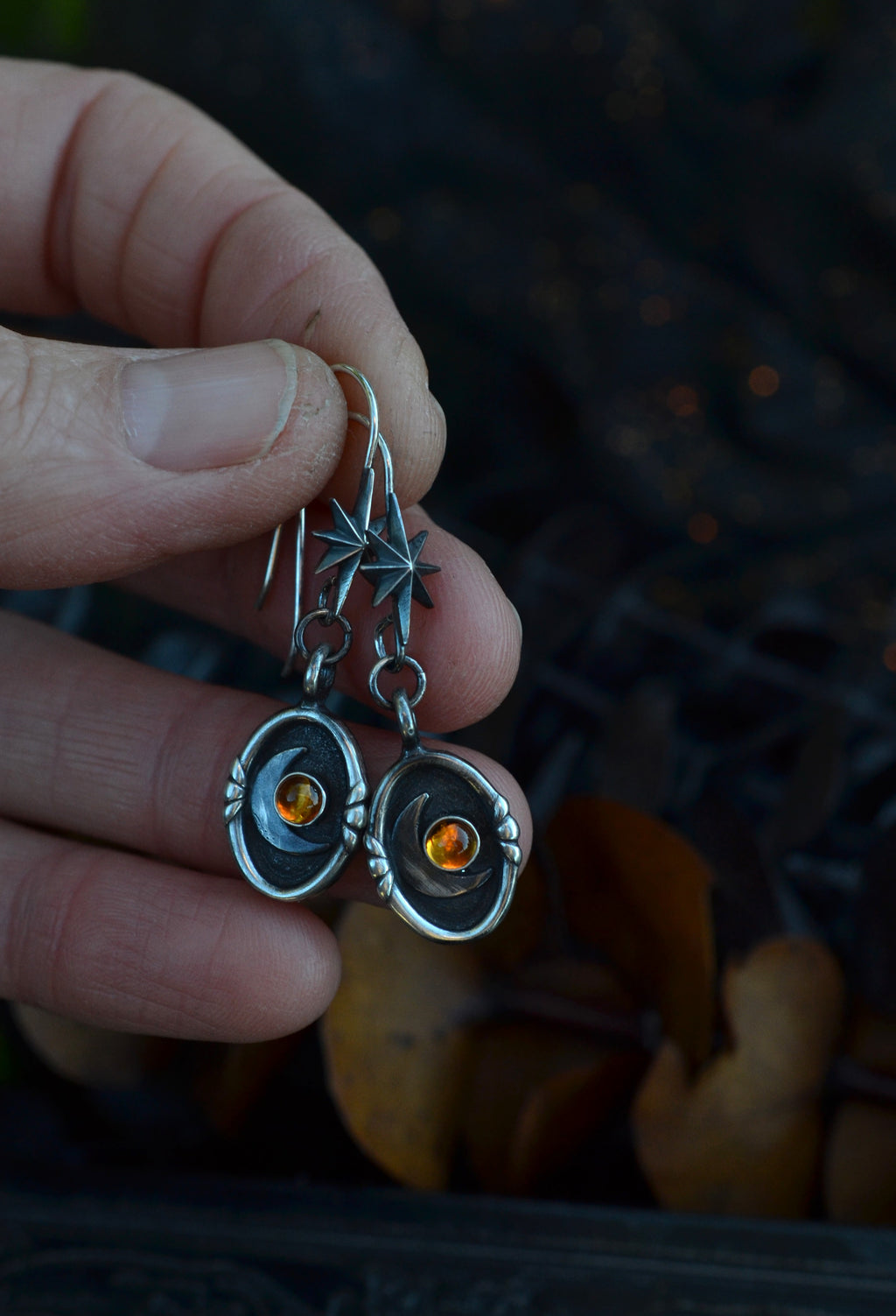 Crescent Moon Cosmos Earrings - Dangle Ear Wire Style - Citrine Only