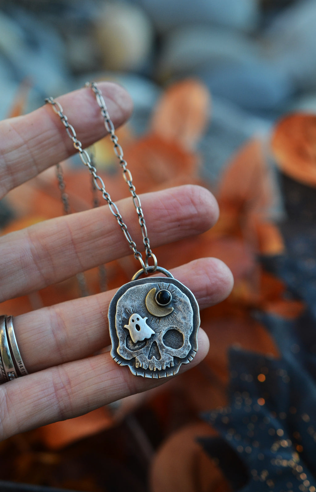 Halloween Skull Charm - Ghost and Moon - Black Onyx - 20" Chain Included