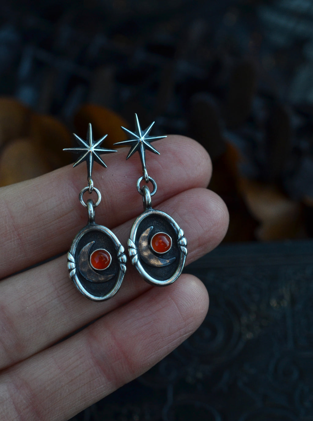 Crescent Moon Cosmos Earrings - Post Style - Choose from Black Onyx, Carnelian or Citrine