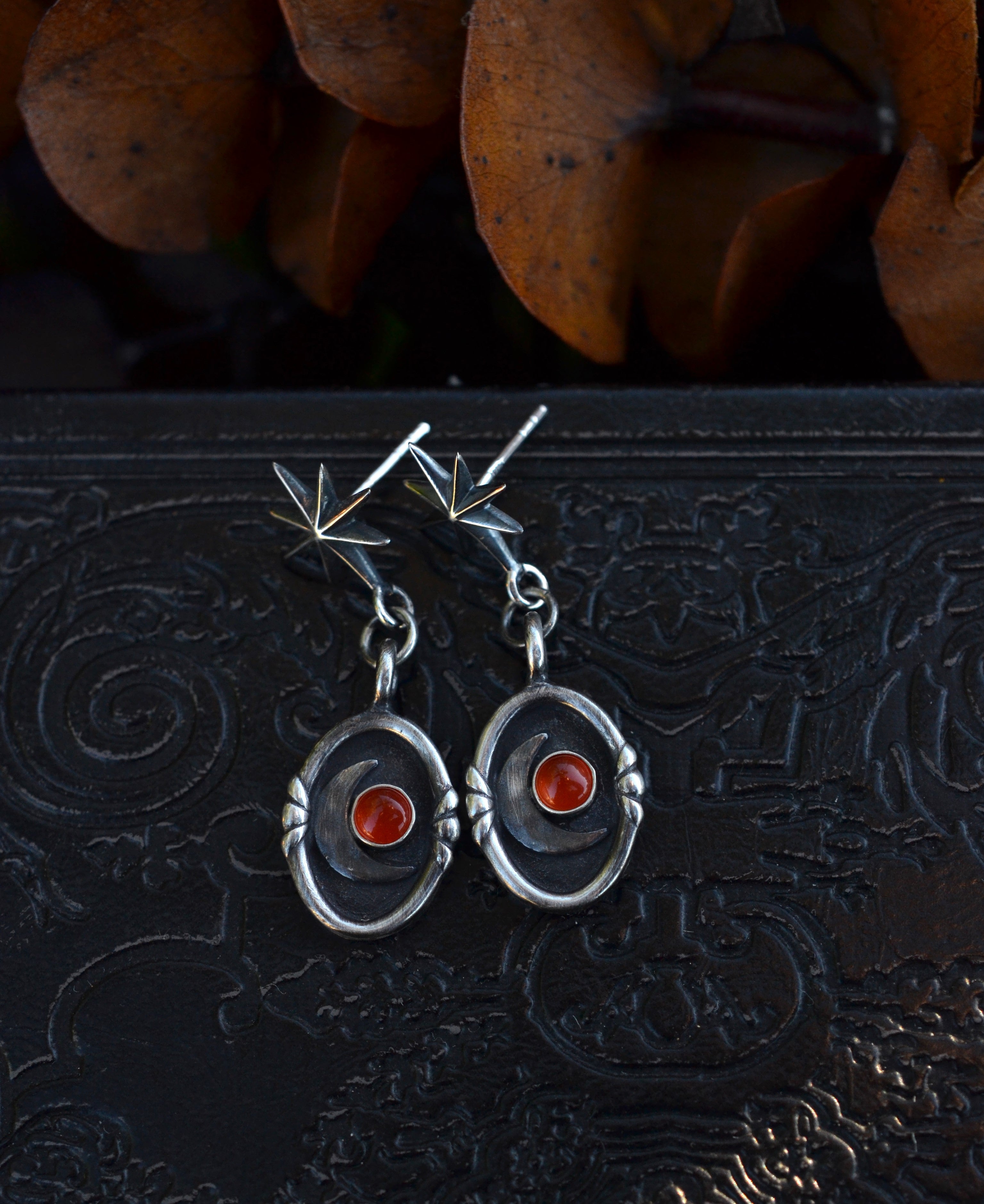 Crescent Moon Cosmos Earrings - Post Style - Choose from Black Onyx, Carnelian or Citrine