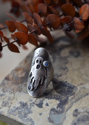 Ghastly Ghost Ring  - Rainbow Moonstone - Size 7