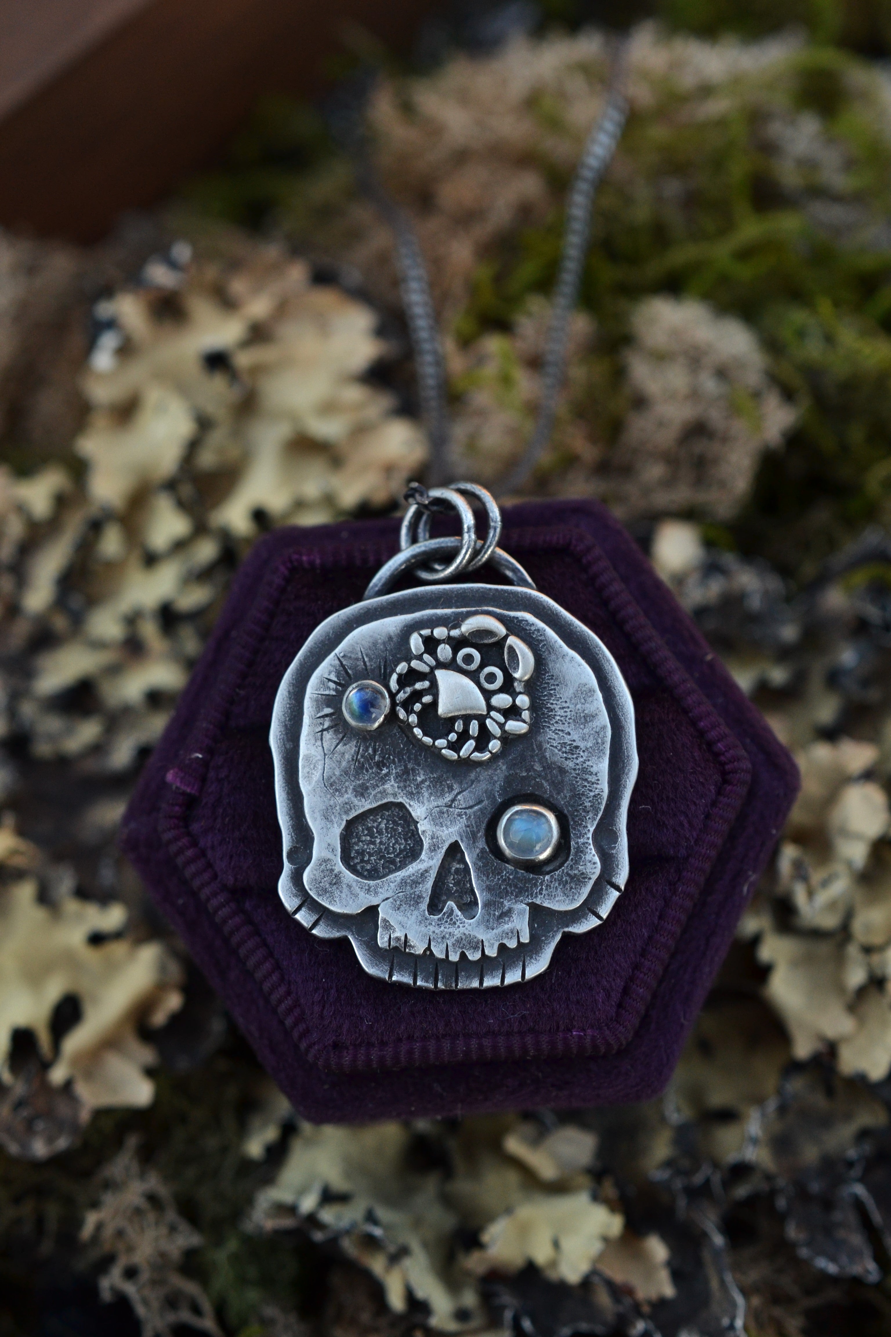 Skull Charm -  Crab - 2 Rainbow Moonstone - 24" Chain Included