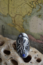 Jellyfish Saddle Ring - Lapis Lazuli and Rainbow Moonstone - Will fit like a Size 7.5