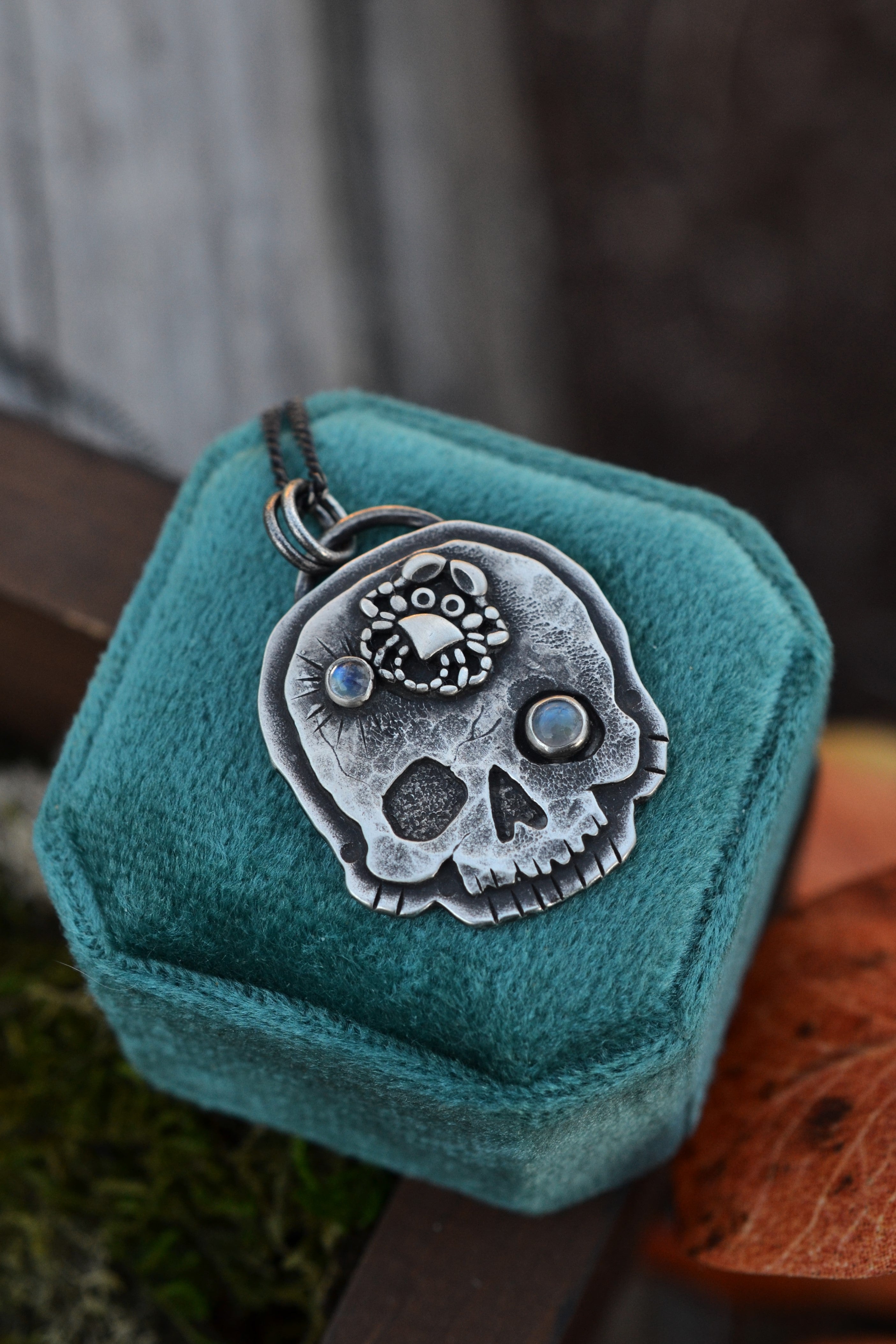 Skull Charm -  Crab - 2 Rainbow Moonstone - 24" Chain Included