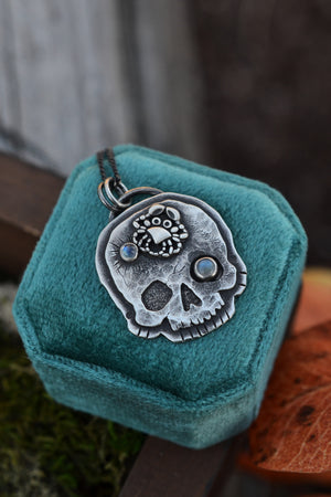 Skull Charm -  Crab - 2 Rainbow Moonstone - 24" Chain Included