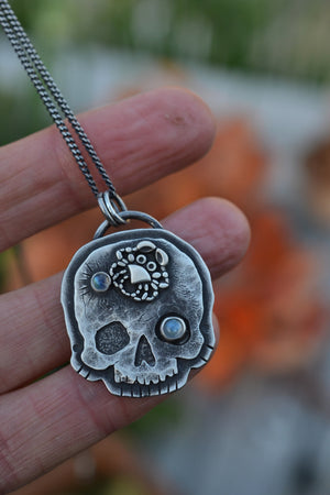 Skull Charm -  Crab - 2 Rainbow Moonstone - 24" Chain Included