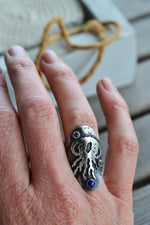 Jellyfish Saddle Ring - Lapis Lazuli and Rainbow Moonstone - Will fit like a Size 7.5