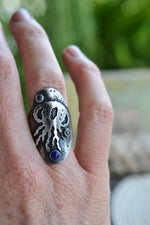 Jellyfish Saddle Ring - Lapis Lazuli and Rainbow Moonstone - Will fit like a Size 7.5