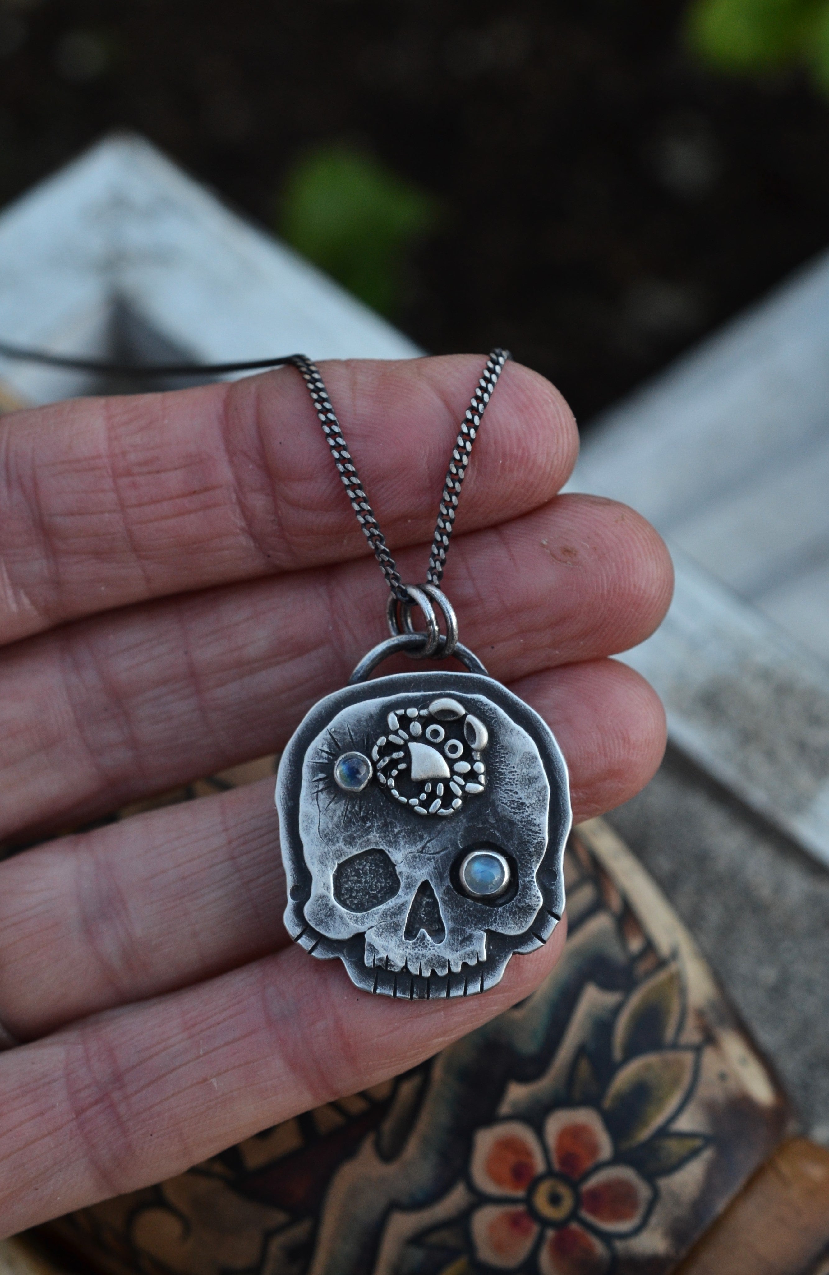 Skull Charm -  Crab - 2 Rainbow Moonstone - 24" Chain Included