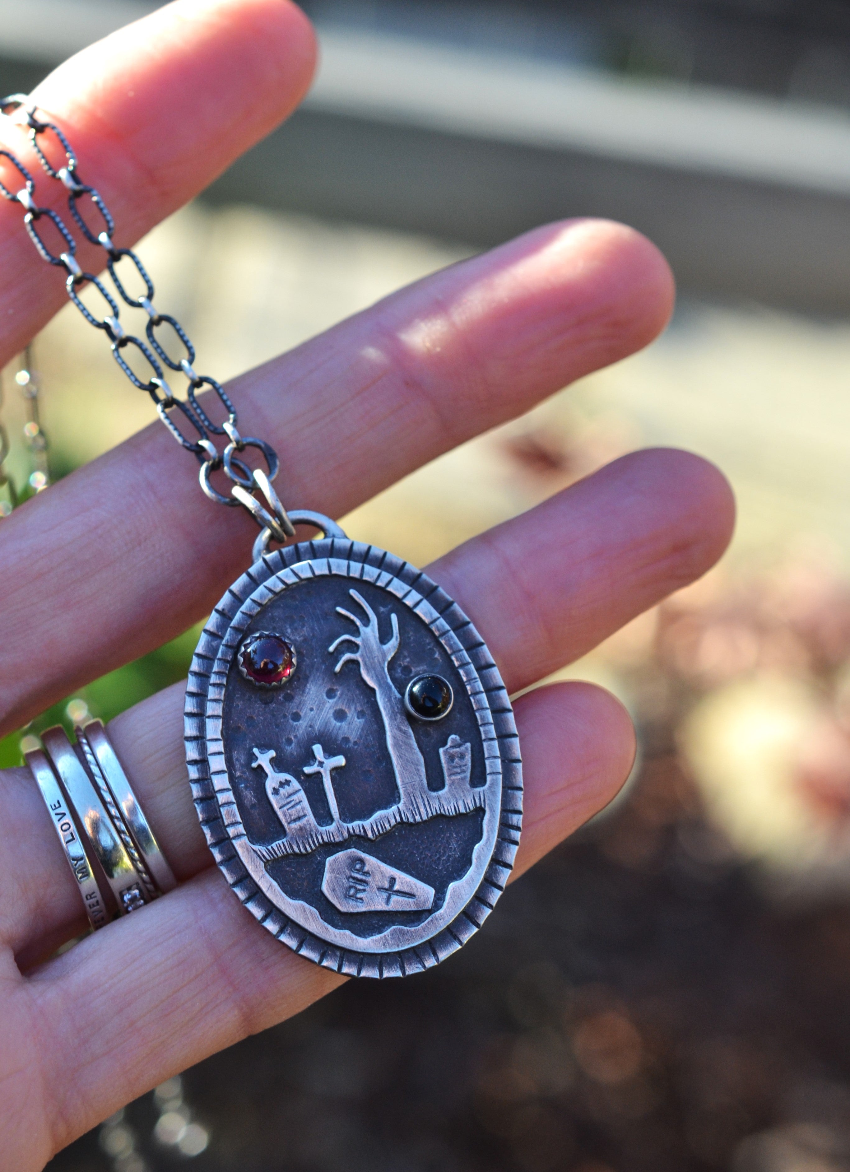 Night of the Dead Graveyard Pendant - Garnet and Black Onyx - 18" Chain Included