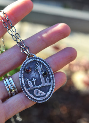 Night of the Dead Graveyard Pendant - Garnet and Black Onyx - 18" Chain Included