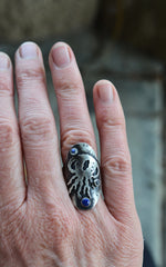 Jellyfish Saddle Ring - Lapis Lazuli and Rainbow Moonstone - Will fit like a Size 7.5