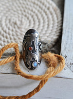Sea Siren - Mermaid and Seahorse Saddle Ring - Rainbow Moonstone and Carnelian - Will fit like a Size 6.5