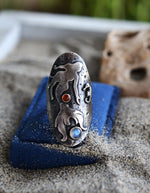 Sea Siren - Mermaid and Seahorse Saddle Ring - Rainbow Moonstone and Carnelian - Will fit like a Size 6.5