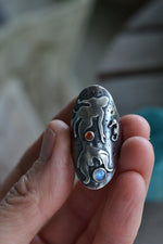 Sea Siren - Mermaid and Seahorse Saddle Ring - Rainbow Moonstone and Carnelian - Will fit like a Size 6.5