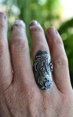 Sea Siren - Mermaid and Seahorse Saddle Ring - Rainbow Moonstone and Carnelian - Will fit like a Size 6.5