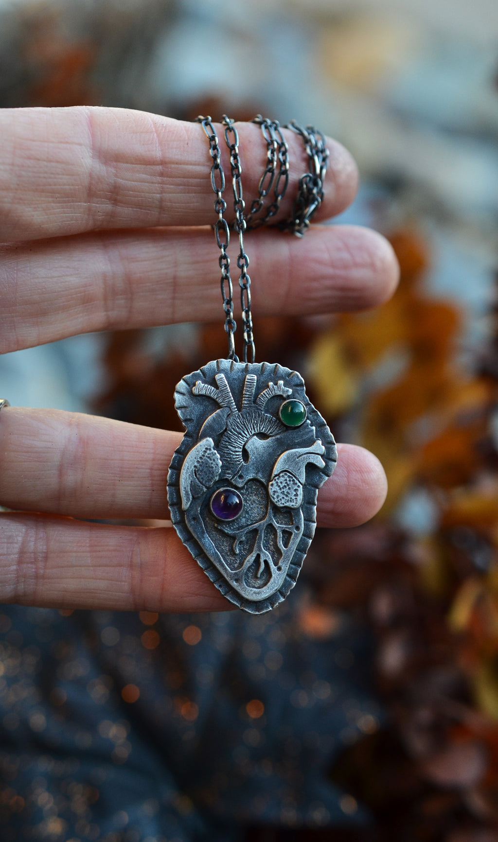 My Halloween Heart - Anatomical Heart - Amethyst and Green Onyx - Adjustable Chain at 16" and 18"