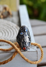 Honu Sea Turtle Kelp Saddle Ring - Rainbow Moonstone and Carnelian - Will fit like a Size 10.25