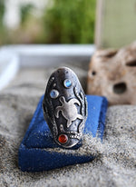 Honu Sea Turtle Kelp Saddle Ring - Rainbow Moonstone and Carnelian - Will fit like a Size 10.25