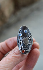Honu Sea Turtle Kelp Saddle Ring - Rainbow Moonstone and Carnelian - Will fit like a Size 10.25