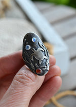Honu Sea Turtle Kelp Saddle Ring - Rainbow Moonstone and Carnelian - Will fit like a Size 10.25