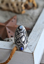 Sailors Warning Saddle Ring - CAST - Rainbow Moonstone and Lapis Lazuli - Will Fit Like a Size 9
