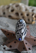 Sailors Warning Saddle Ring - CAST - Rainbow Moonstone and Lapis Lazuli - Will Fit Like a Size 9