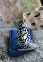 Sailors Warning Saddle Ring - CAST - Rainbow Moonstone and Lapis Lazuli - Will Fit Like a Size 9