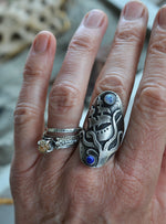 Sailors Warning Saddle Ring - CAST - Rainbow Moonstone and Lapis Lazuli - Will Fit Like a Size 9