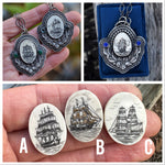 Pre-Order - Floral Banner Pendant - Choose Your Scrimshaw Tall Ship - Multi-Layered Sterling Silver
