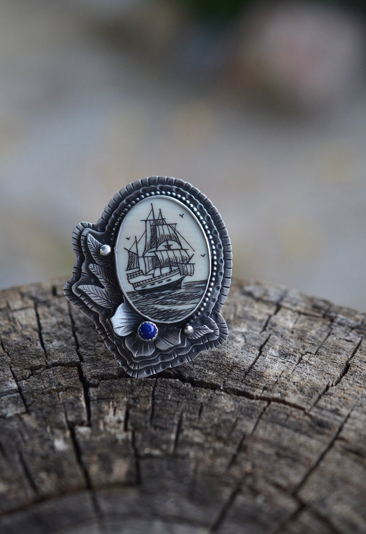 PRE-ORDER - Triple Layer Scrimshaw Tattoo Flash Flower Ring - Choose Your Scrimshaw